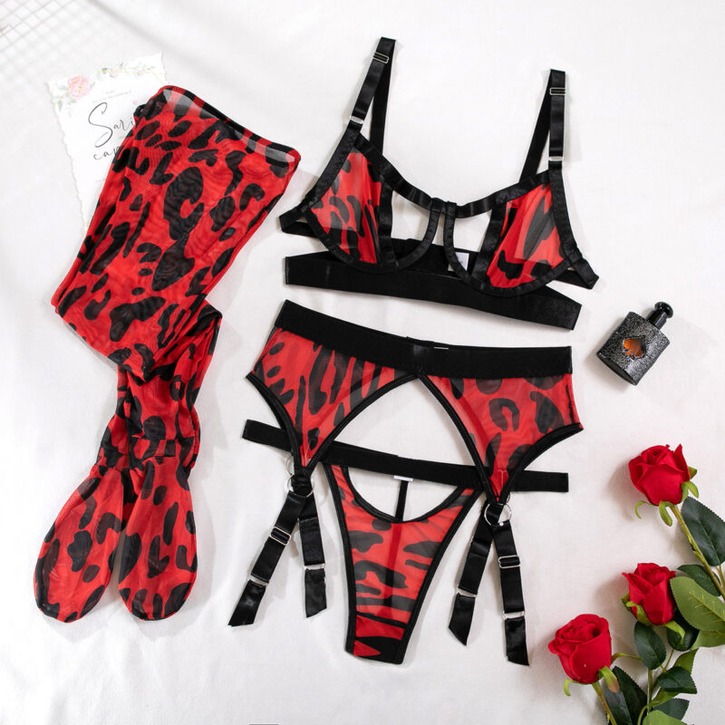 Wild Leopard Print Mesh Hollow Lingerie Stockings Sexy Lingerie Set - Image 6